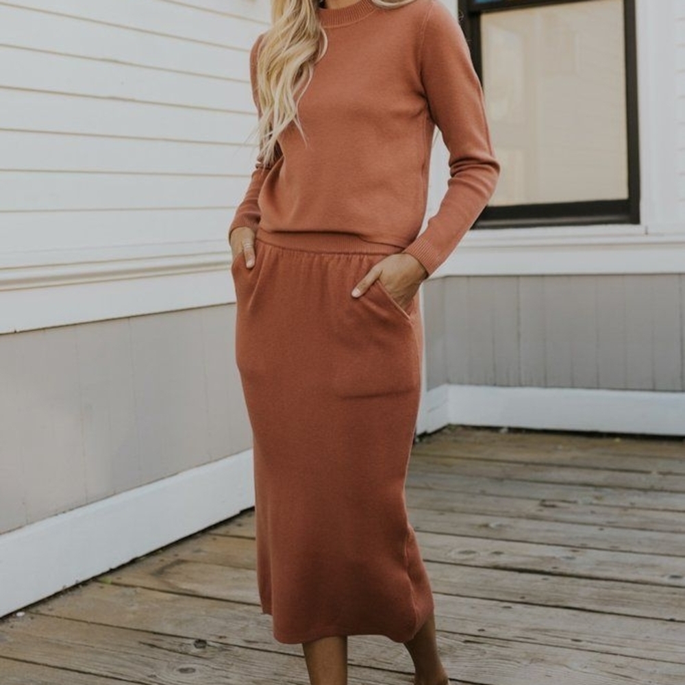 Roolee Sweater Set In Terracotta- Mock Neck Sweater And Skirt